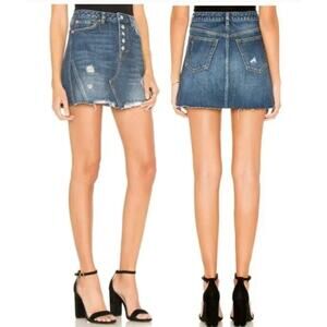 Free People A-Line Denim Distressed Mini Skirt Button Fly Jean Skirt Women US 26